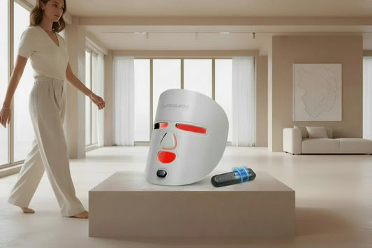 Modern white Lumeva.store LED light therapy face mask with remote on beige pedestal in minimalist living room