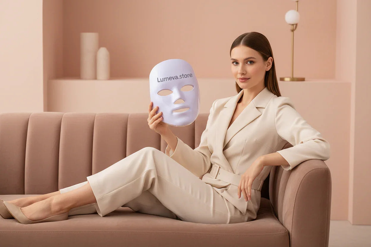 Woman in beige suit sitting on sofa holding a white LED facial mask with Lumeva.store branding