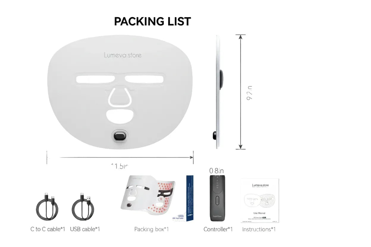 Lumeva.store LED light therapy facial mask with USB cables, controller, packing box, and instruction manual