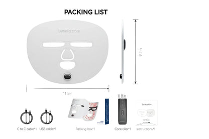 Lumeva.store LED light therapy facial mask with USB cables, controller, packing box, and instruction manual