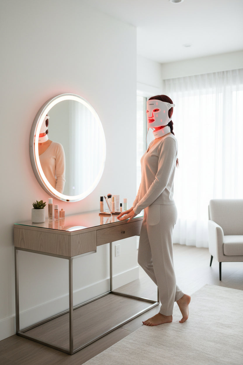 Woman wearing LED light therapy mask standing by modern vanity with skincare products in bright room