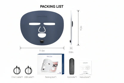 Lumeva.store LED therapy face mask with controller, USB cables, packing box, and instructions, dimensions shown