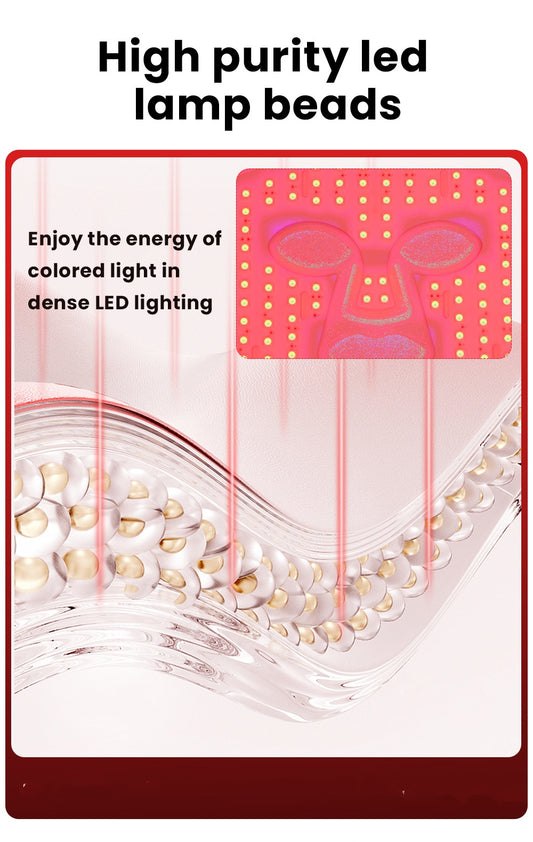 High purity LED lamp beads arranged in a wave with red colored light and close-up view of dense LED lighting