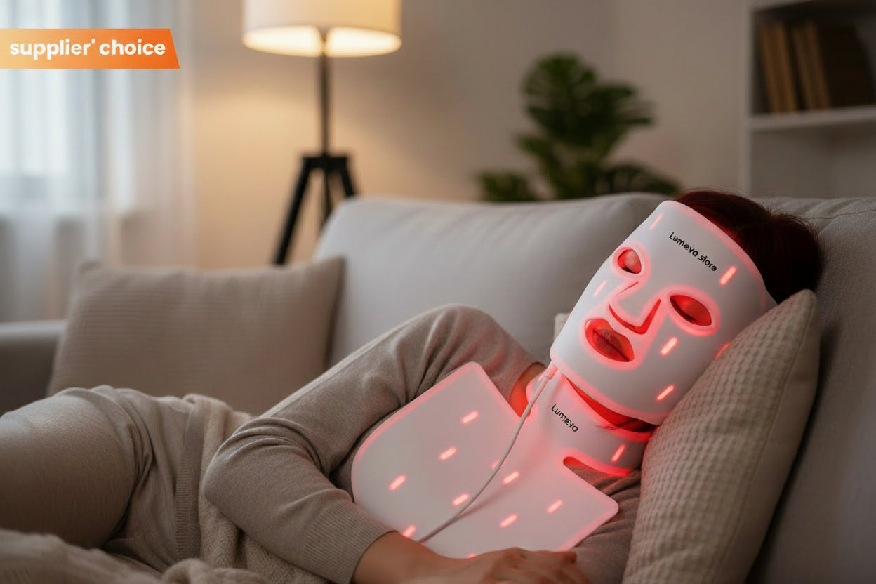 Woman relaxing on sofa wearing Lumeva.store red light therapy facial and neck mask for skincare